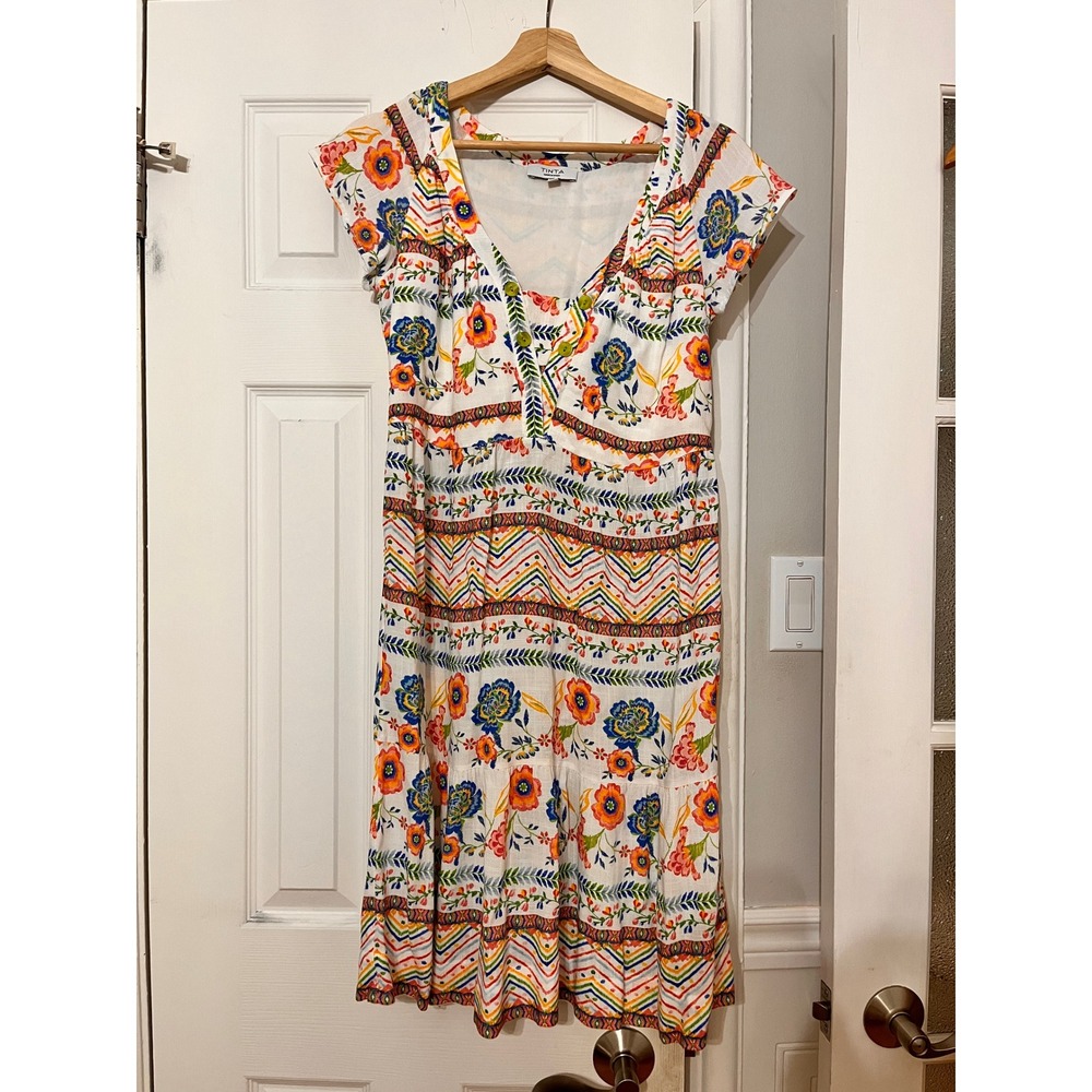 Tinta Style Spain Floral Chevron V-Neck Midi Dress White Multi Viscose ES 38